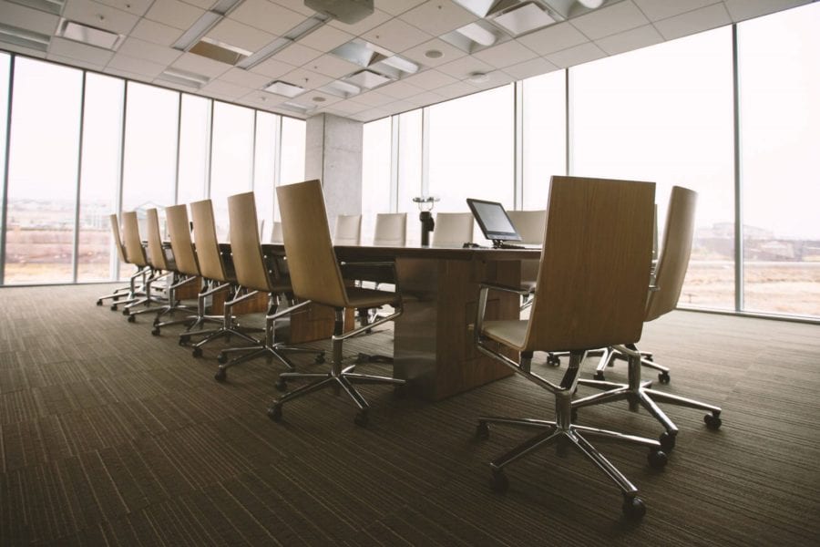 Empty conference room, as employees work from home to develop new business growth strategies