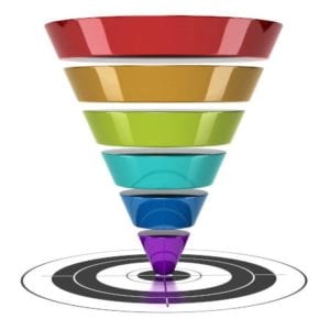 Rainbow coloured visual graphic of a conversion funnel, pointed toward a bullseye.