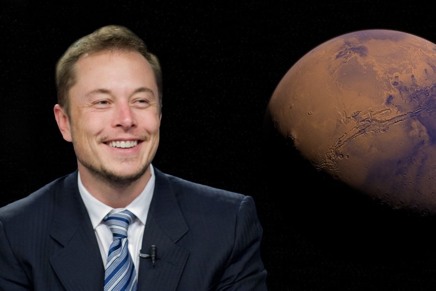 Elon Musk sat against a space background