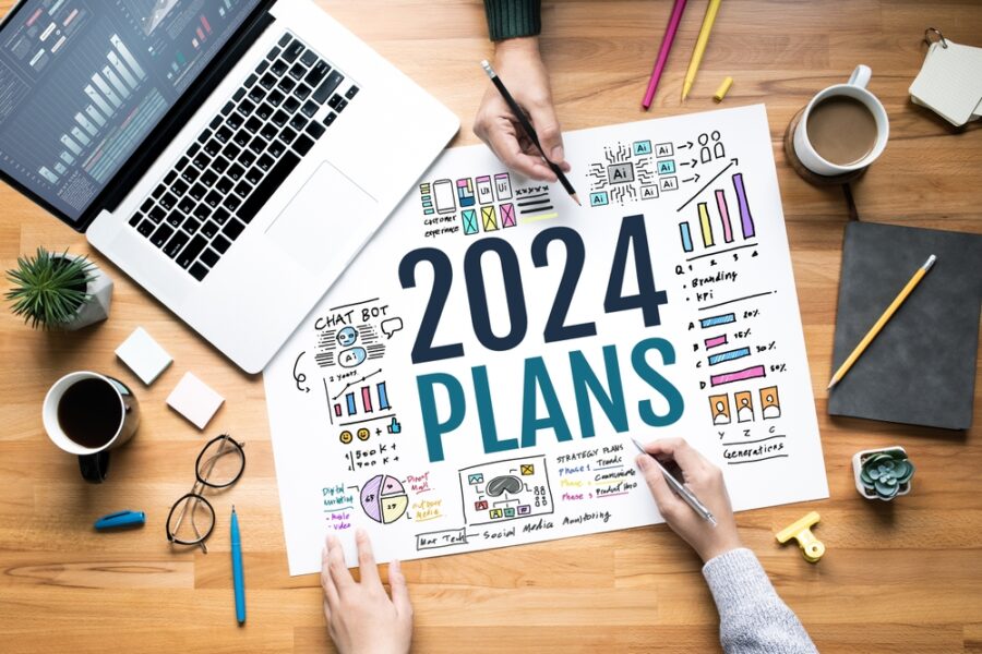 2024 plans with a vision of digital transformation and strategy, marketing over view concepts, business team and goals