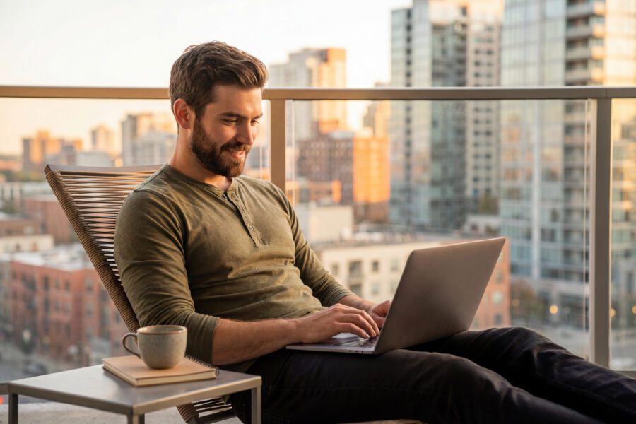 Photograph of a man sitting on a balcony chair working on a laptop during sunset in an urban setting.